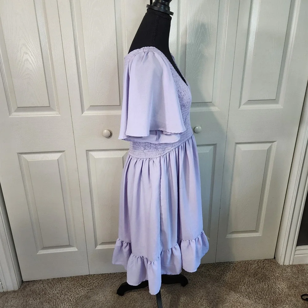 LILLUSORY Lavender Smocked Flutter Sleeve Ruffle Hem Dress XL V-Neck Pastel Boho